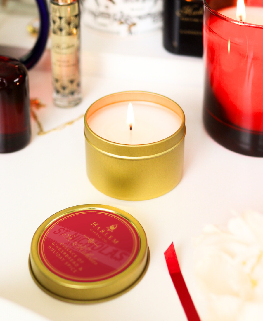 St. Nicholas travel candle in a lifestyle setting.