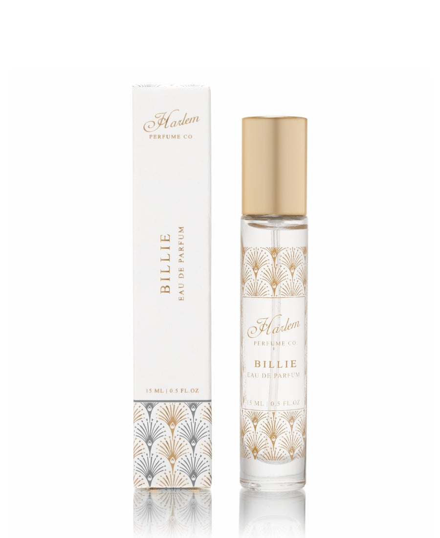 15 Billie perfume glass bottle with gold artwork next to the white box it comes in.