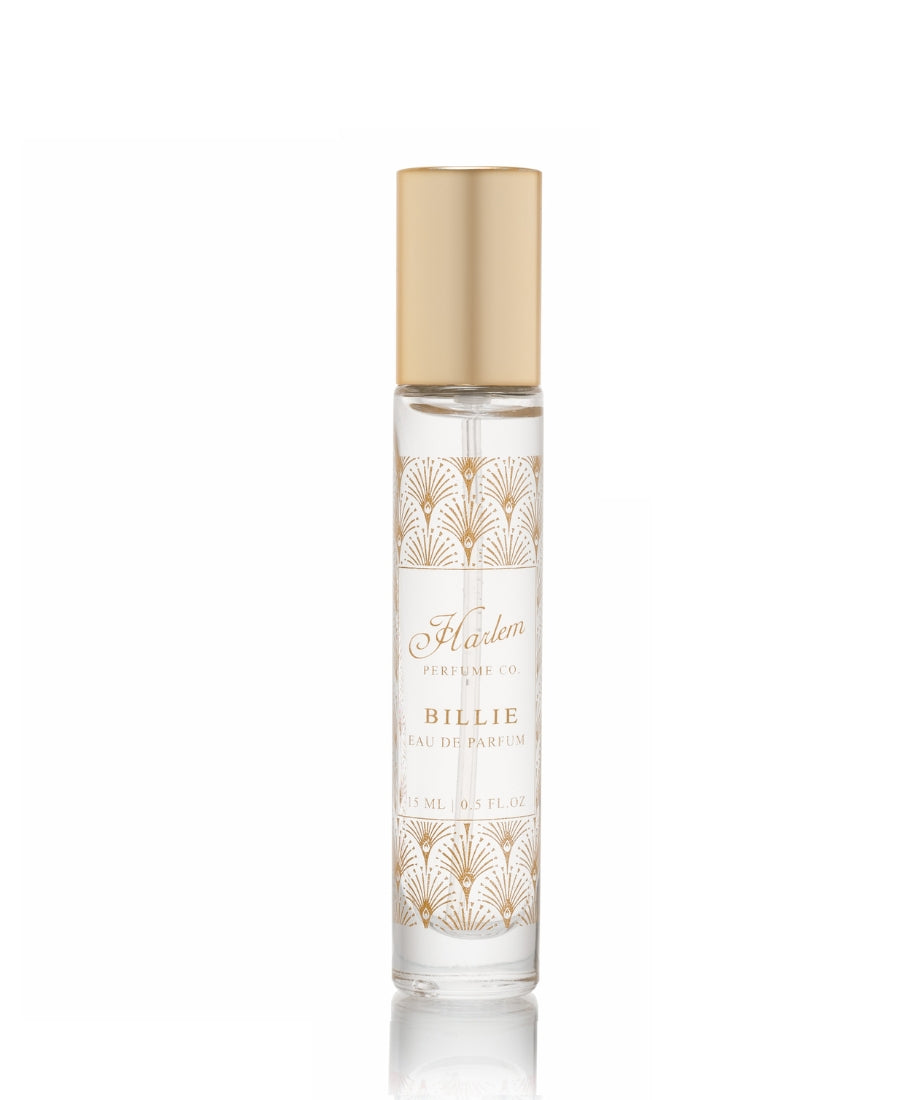 15ml Billie glass perfume bottle with gold artwork.