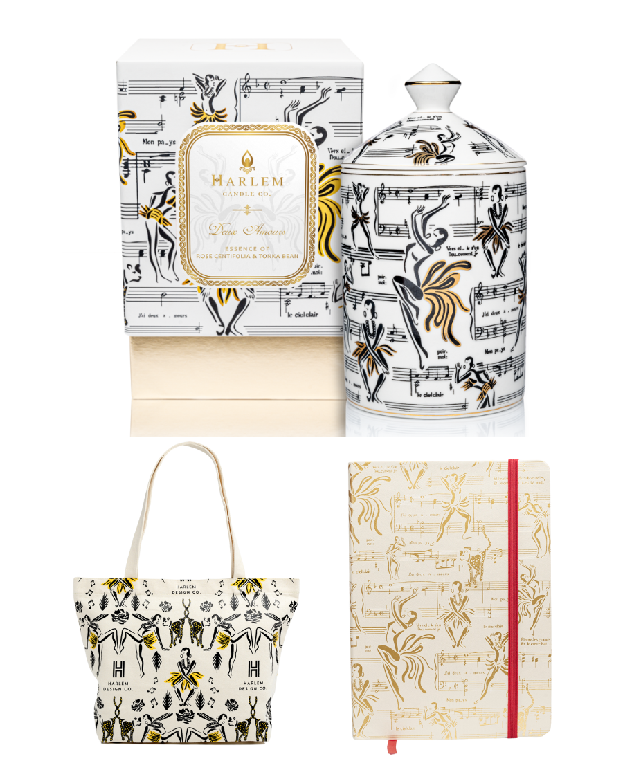 Collection of decorative items with a musical theme, including a box, vase, tote bag, and notebook.