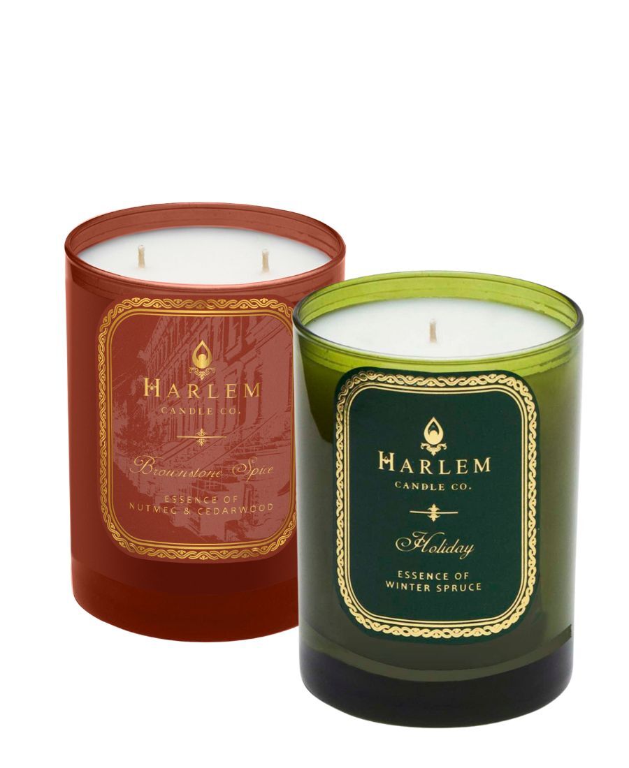 This is a product image of Brownstone Spice & our Holiday Candle on a white background.
