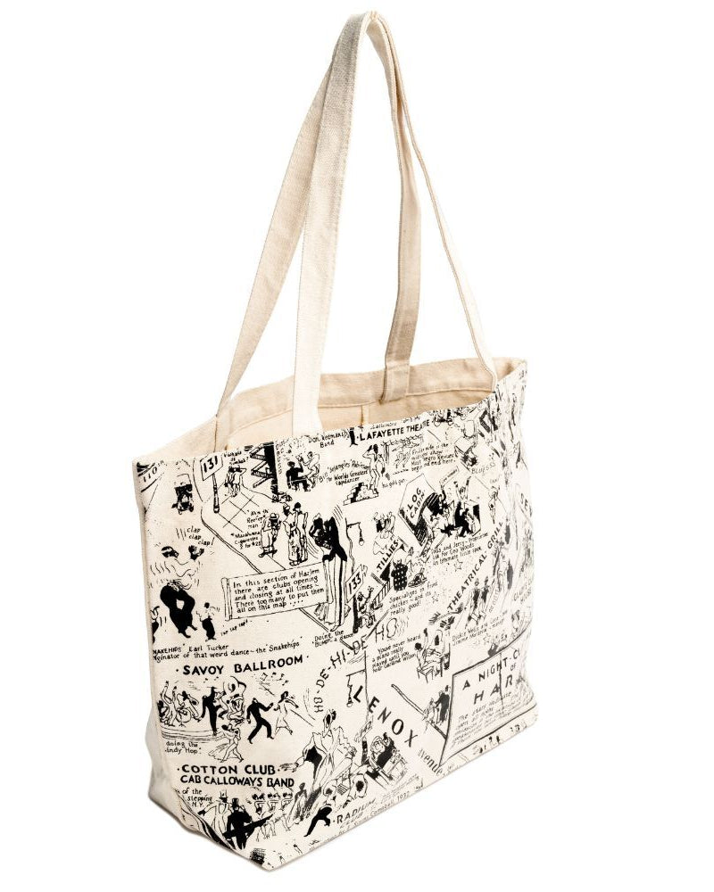 Canvas tote bag with the illustration of the Nightclub map by E. Simms Campbell in 1932 and portraying the after-dark world of the speakeasies, nightclubs, secret lounges and the vibrant entertainers who were the shining lights during the Harlem Renaissance. 