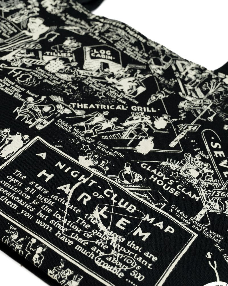 Black tote bag with the illustration of the Nightclub map by E. Simms Campbell in 1932 and portraying the after-dark world of the speakeasies, nightclubs, secret lounges and the vibrant entertainers who were the shining lights during the Harlem Renaissance. 