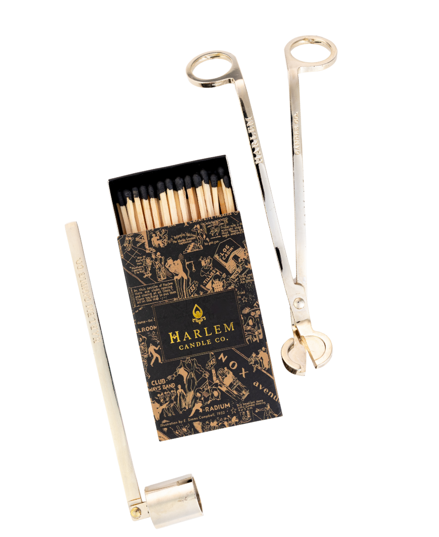 Harlem Candle Co. matches, a snuffer and wick trimmer on a white background