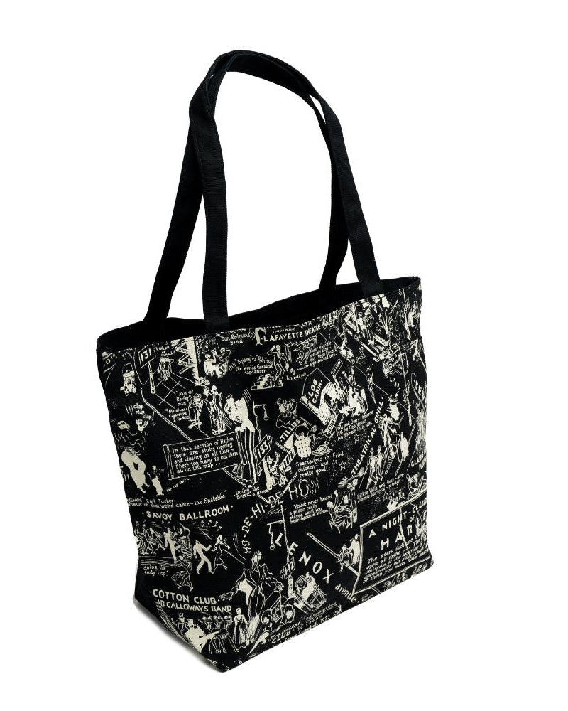 Black tote bag with the illustration of the Nightclub map by E. Simms Campbell in 1932 and portraying the after-dark world of the speakeasies, nightclubs, secret lounges and the vibrant entertainers who were the shining lights during the Harlem Renaissance. 