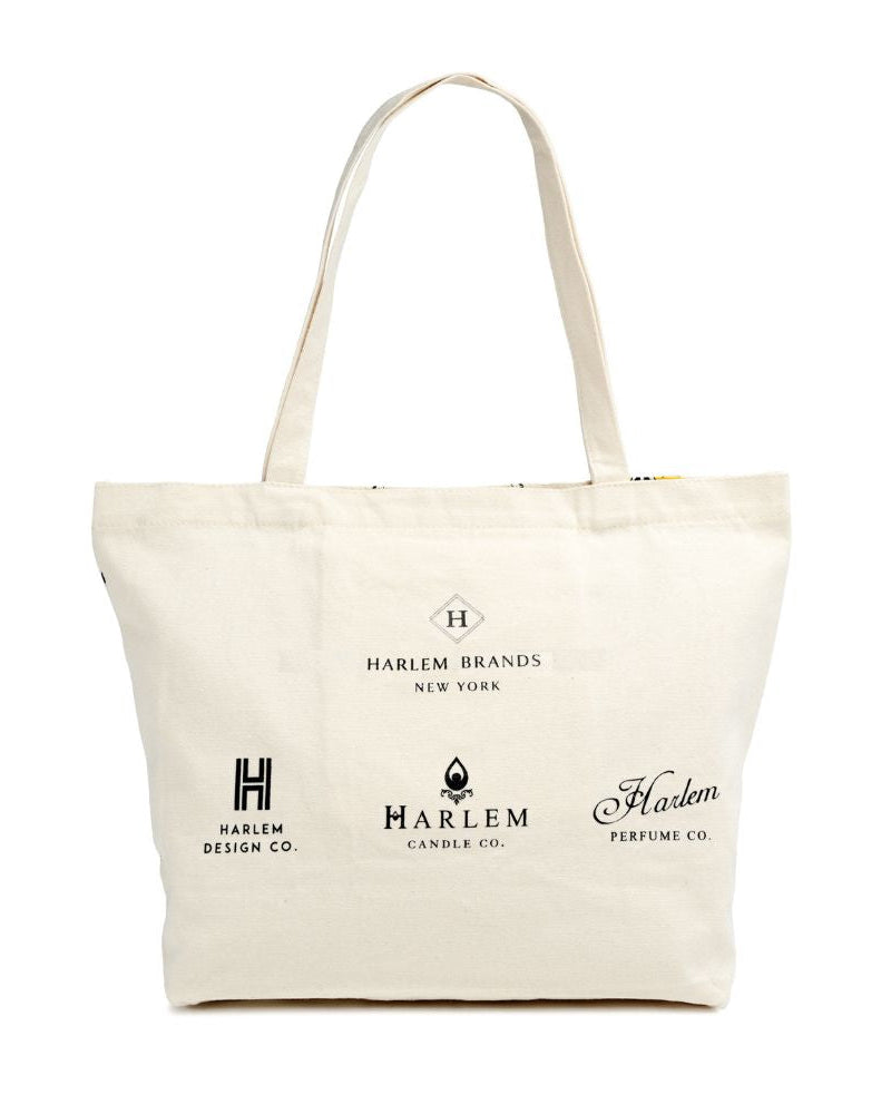 The back side of the canvas tote bag. Showing the Harlem Brands logos. 