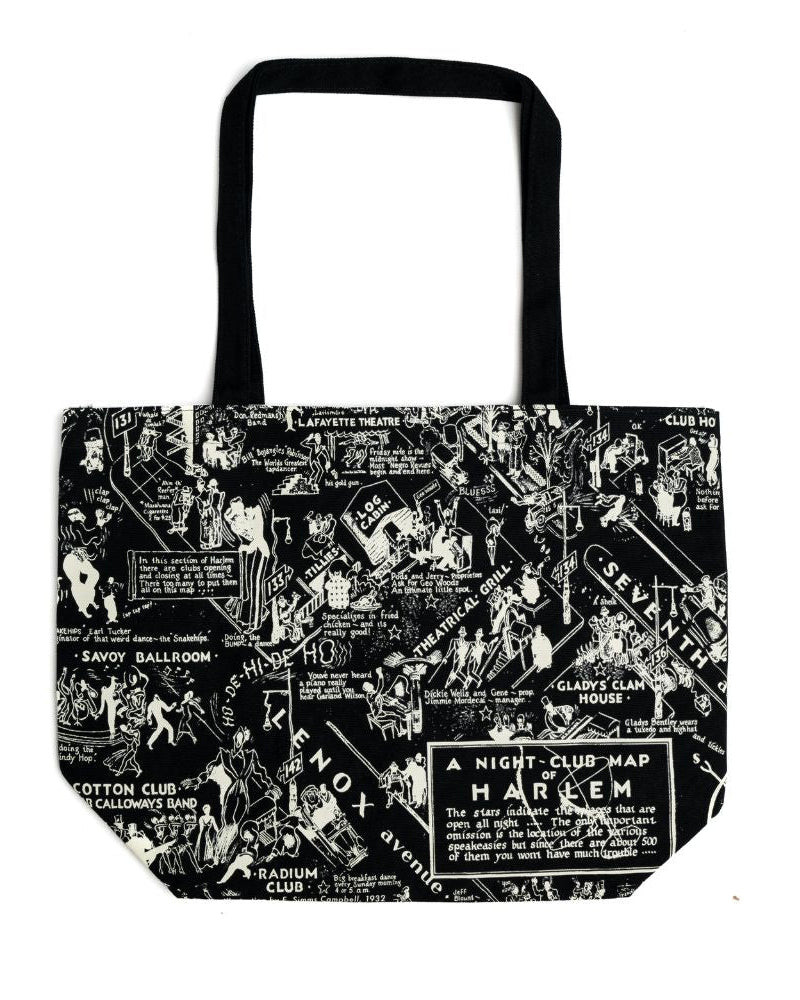 Black tote bag with the illustration of the Nightclub map by E. Simms Campbell in 1932 and portraying the after-dark world of the speakeasies, nightclubs, secret lounges and the vibrant entertainers who were the shining lights during the Harlem Renaissance. 