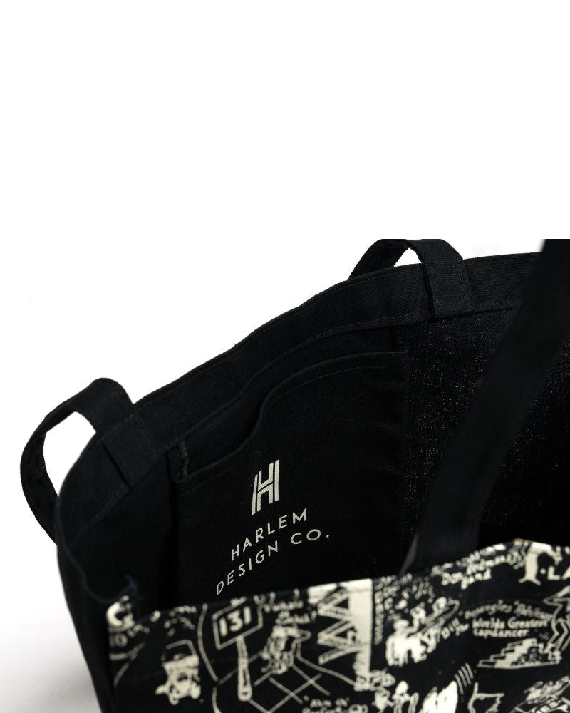Black tote bag with the illustration of the Nightclub map by E. Simms Campbell in 1932 and portraying the after-dark world of the speakeasies, nightclubs, secret lounges and the vibrant entertainers who were the shining lights during the Harlem Renaissance. 
