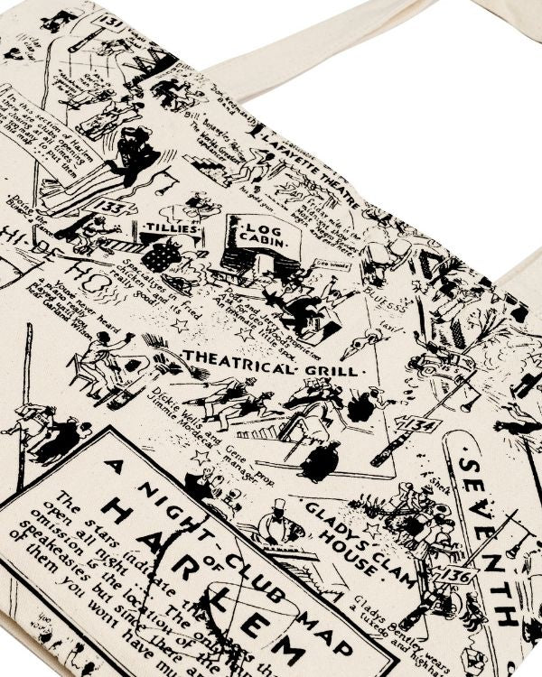 Canvas tote bag with the illustration of the Nightclub map by E. Simms Campbell in 1932 and portraying the after-dark world of the speakeasies, nightclubs, secret lounges and the vibrant entertainers who were the shining lights during the Harlem Renaissance. 