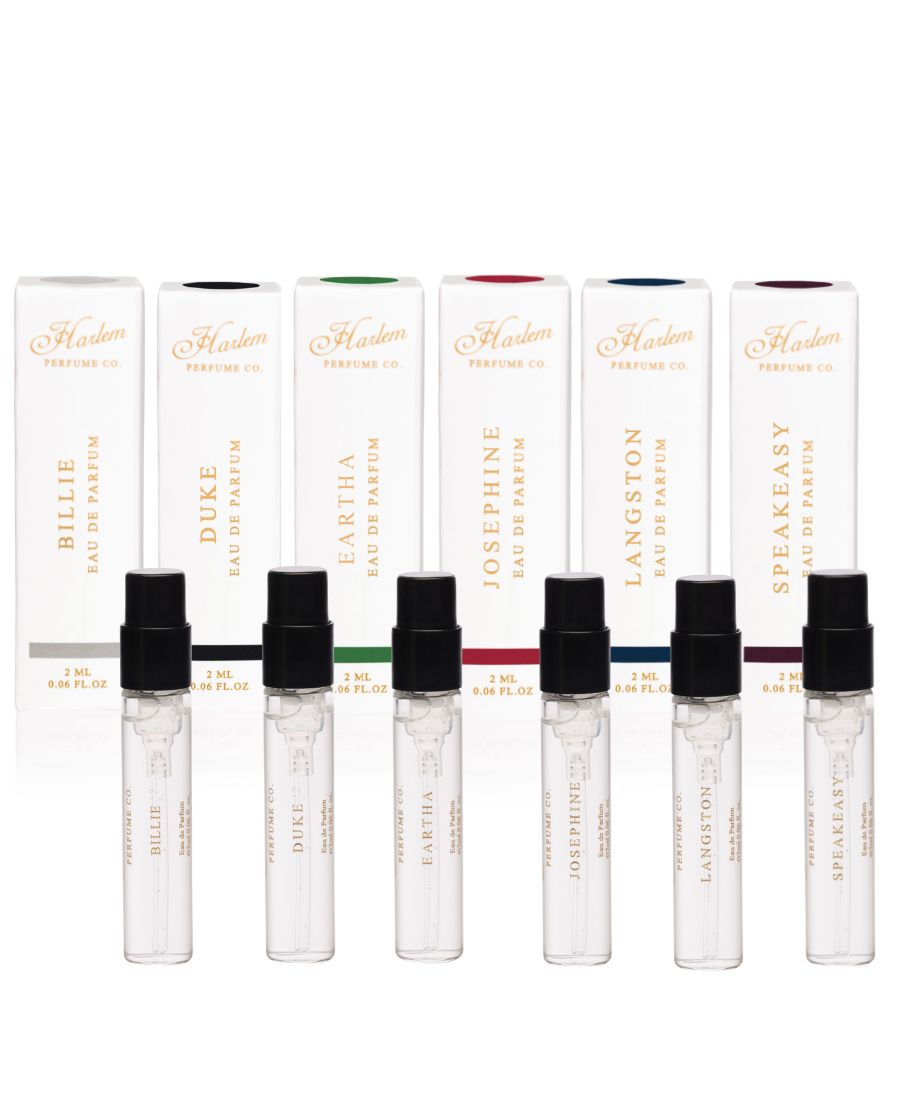 This is an image of our boxes for the perfume discovery set of six 2ml fragrances to include Billie, Speakeasy, Josephine, Langston, Eartha and Duke.