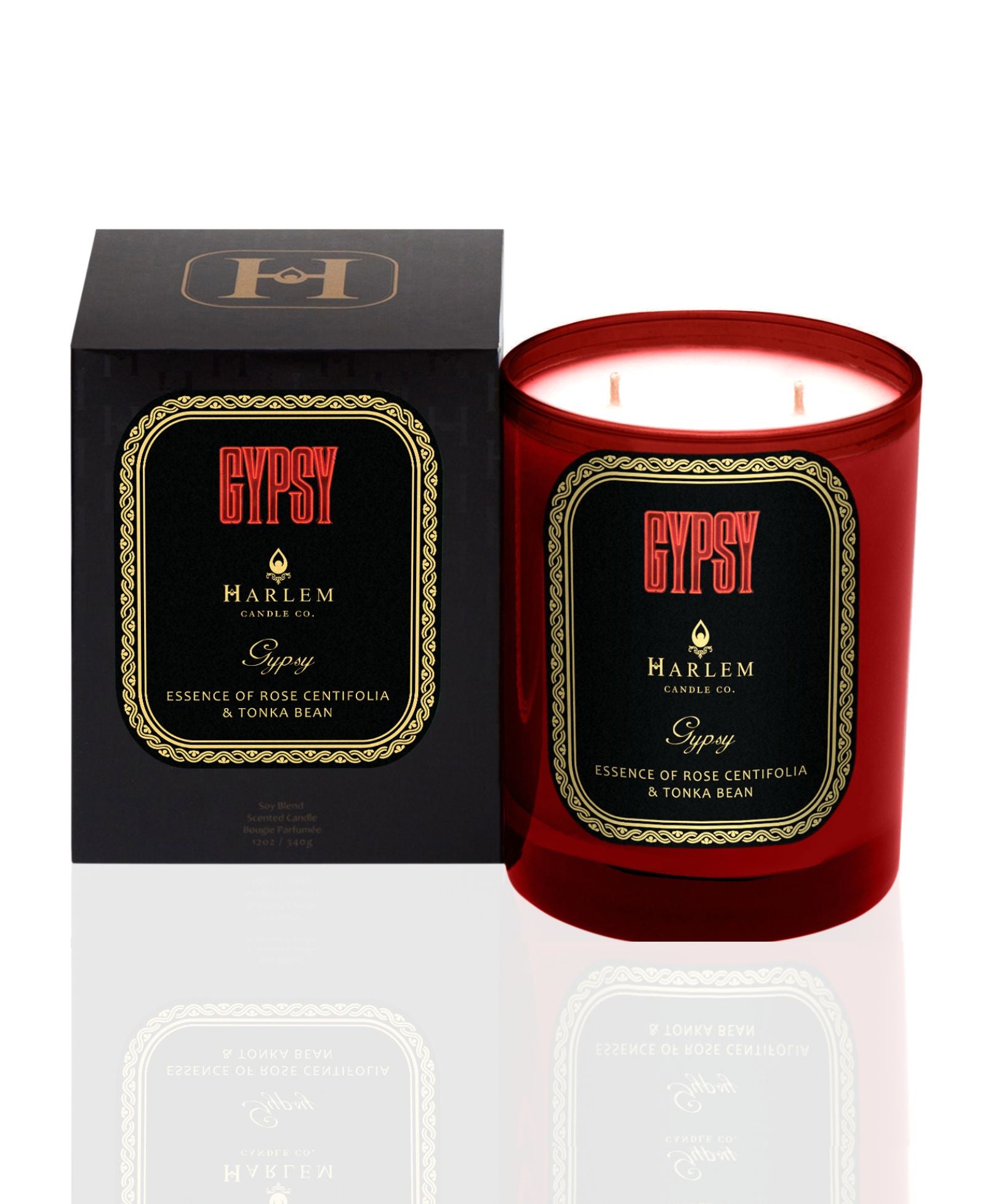 This is an image of our Gypsy candle with box x Harlem Candle Co candle on a white background.
