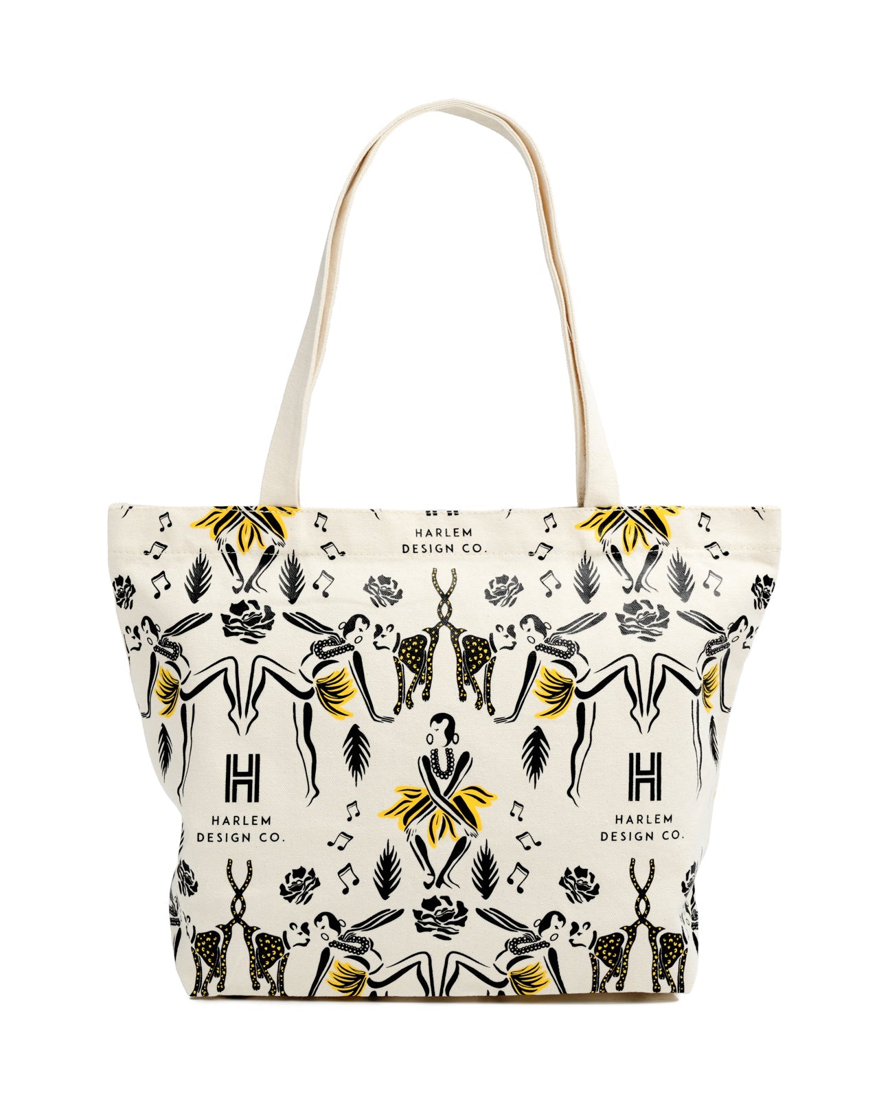 Canvas tote bag with Harlem Design illistrations of Josephine Baker and her cheetah. 