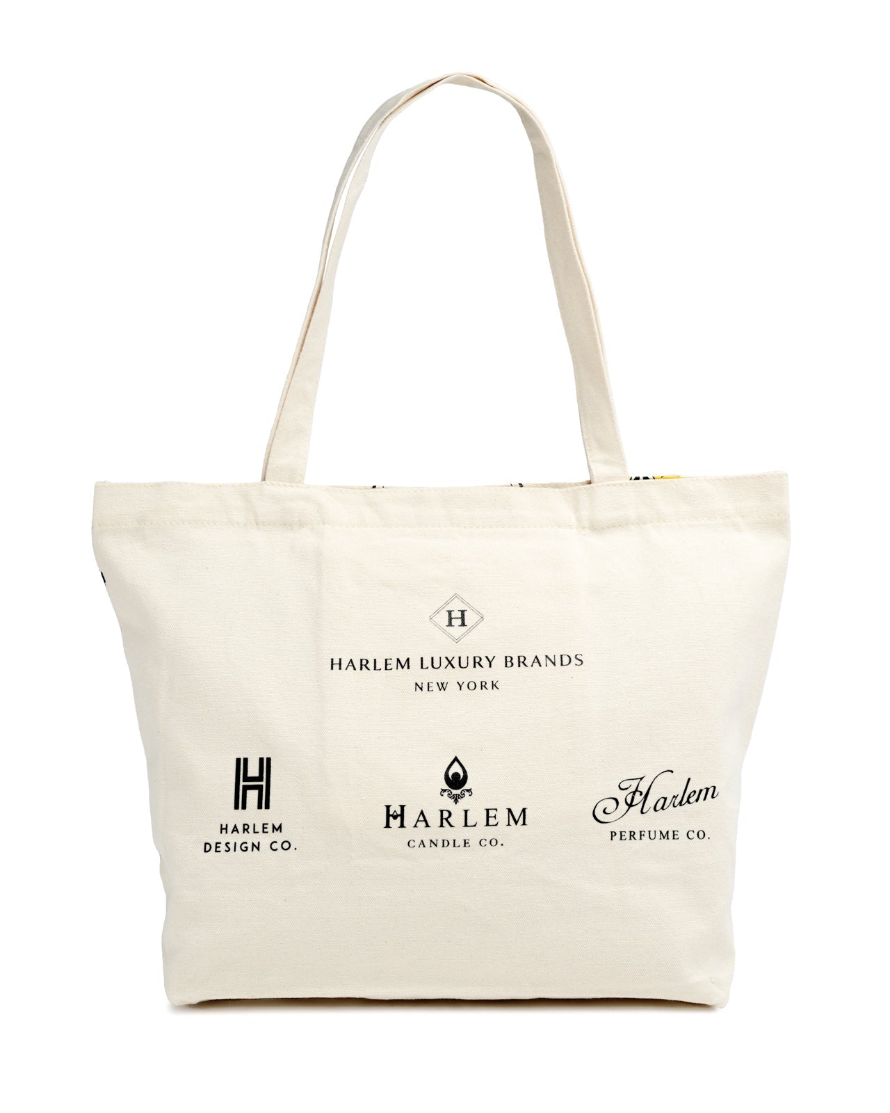 Canvas tote bag with Harlem Design, Perfume and Harlem Candle Logos.