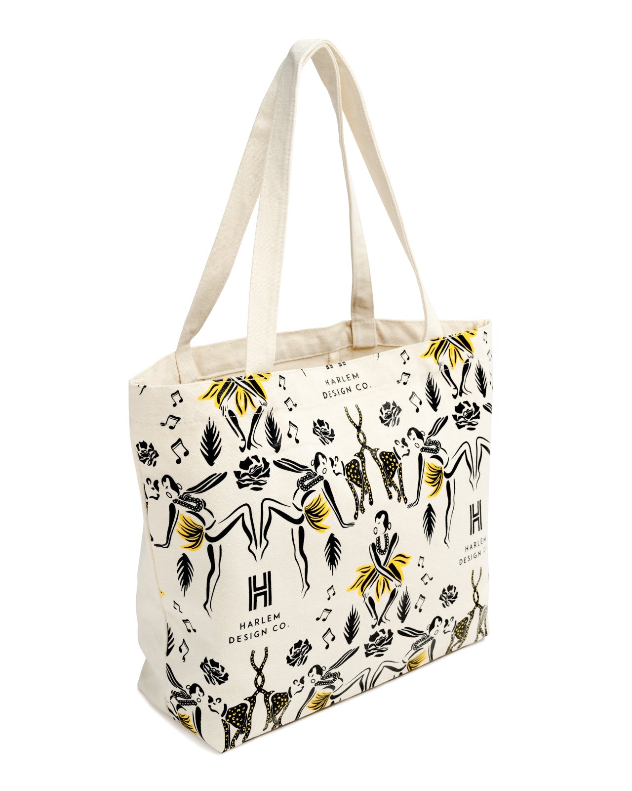 Canvas tote bag with Harlem Design illistrations of Josephine Baker and her cheetah. 