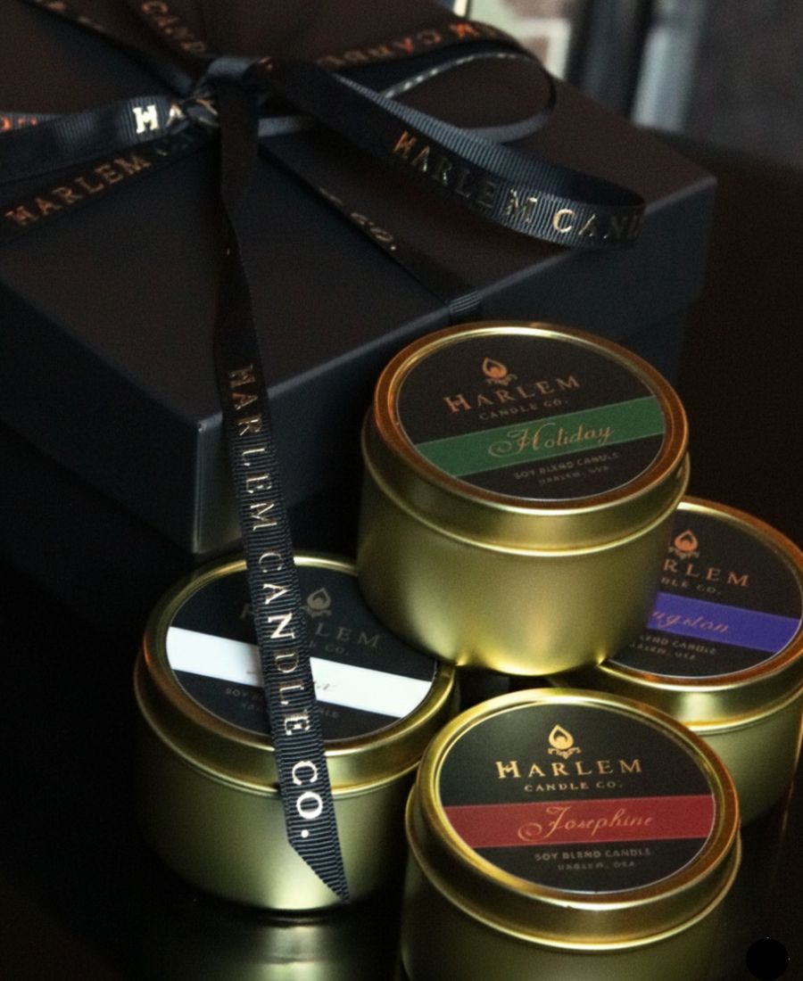This is an image of our black travel candle gift box with the holiday Josephine and Lady Day candles in front