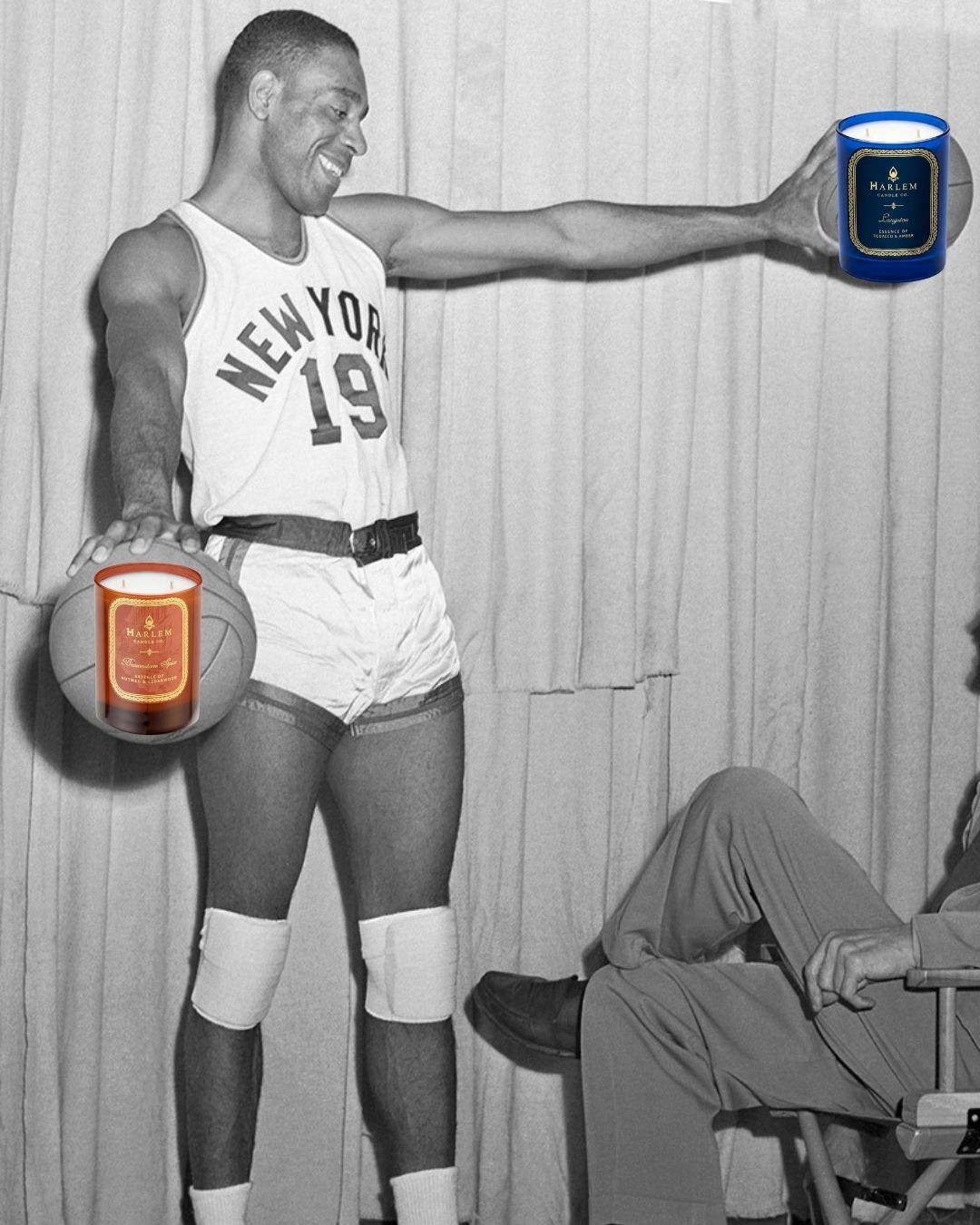 Vintage black and white photo of a basketball player holding a candle with modern color accents.