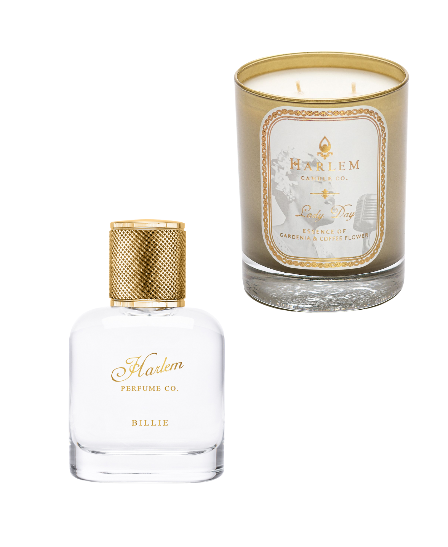 Perfume bottle and candle with 'Harlem' branding on a white background