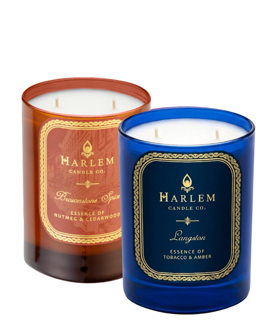Image of the orange Brownstone spice and blue Langston candle