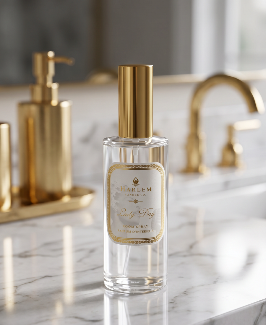 A clear glass perfume bottle with a shiny gold cap and a cream label reading 'Harlem Candle co room Spray' on a marble countertop with blurred gold bathroom fixtures in the background.