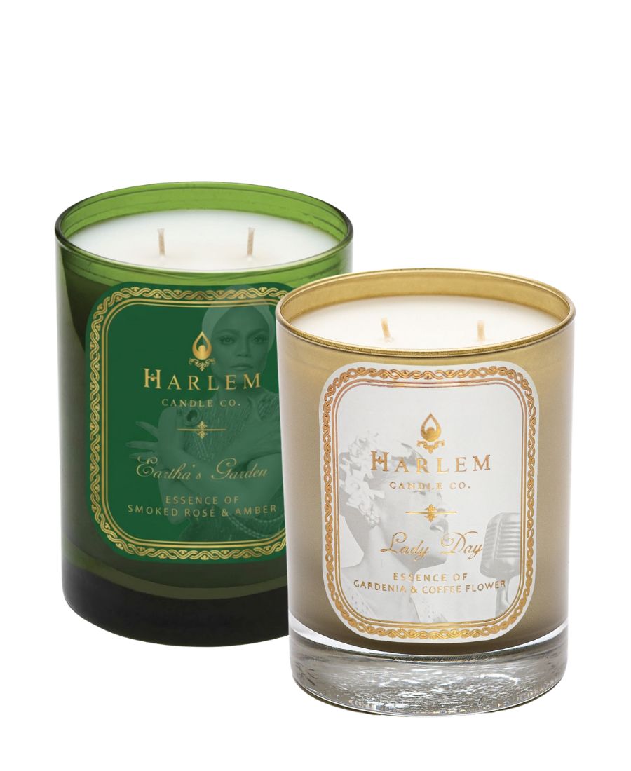 This is an image of the green eartha's garden candle and the Lady day luxury candle.