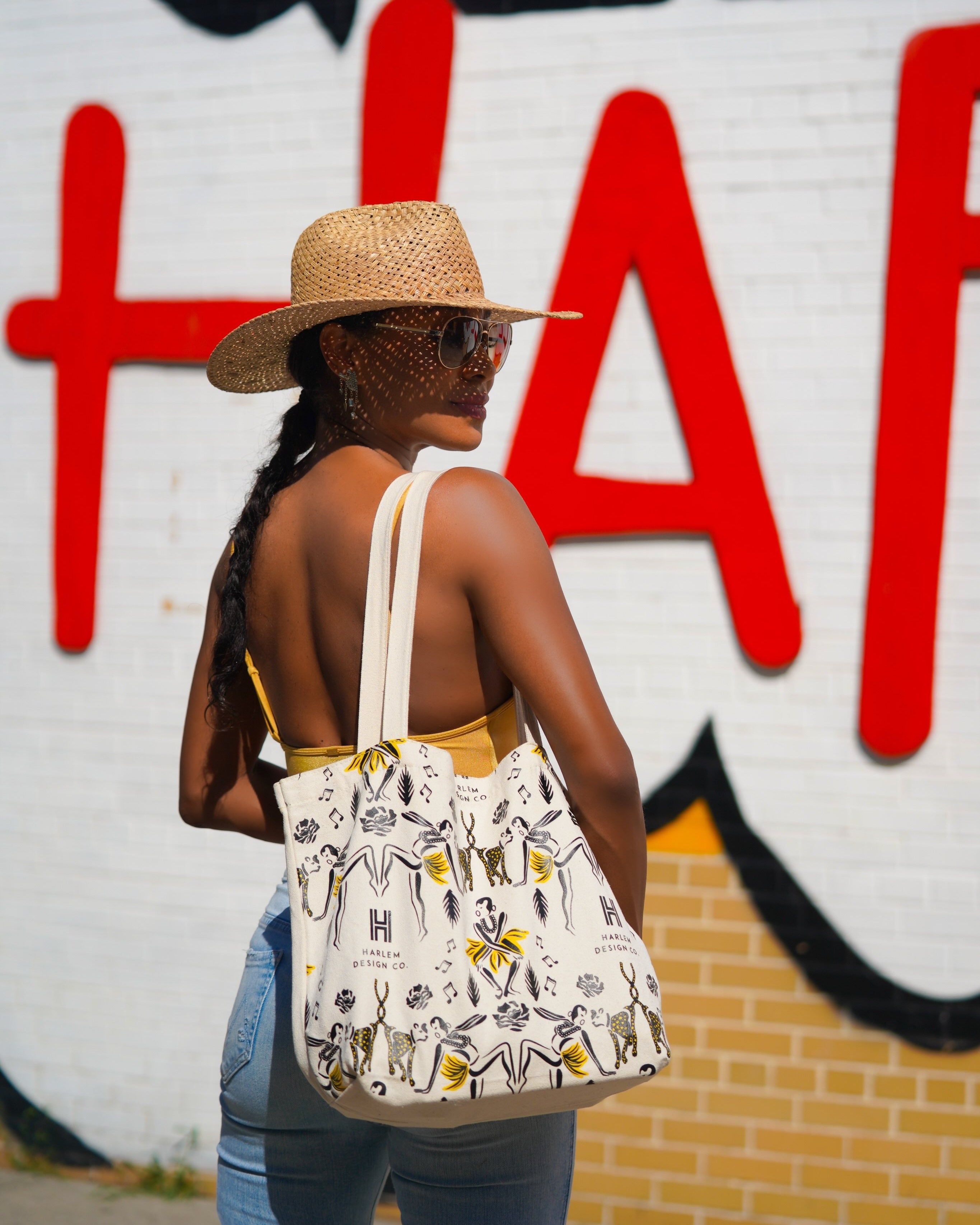 This is a lifestyle photo of Founder Teri Johnson with the Josephine Harlem Design Co tote bag