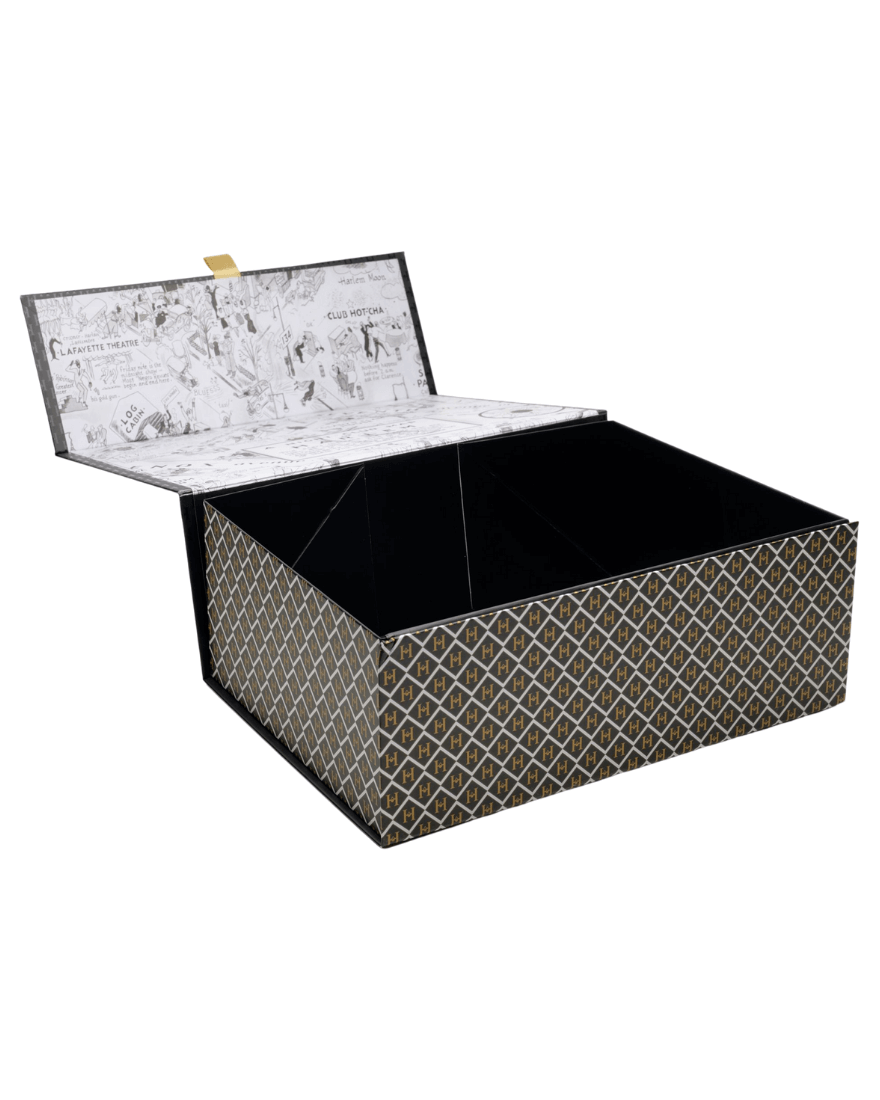 This is an image showing the inside of the fully collapsable black and gold Harlem Candle Co gift box that is empty. This should be purchased with at least 2-3 12 oz candles.
