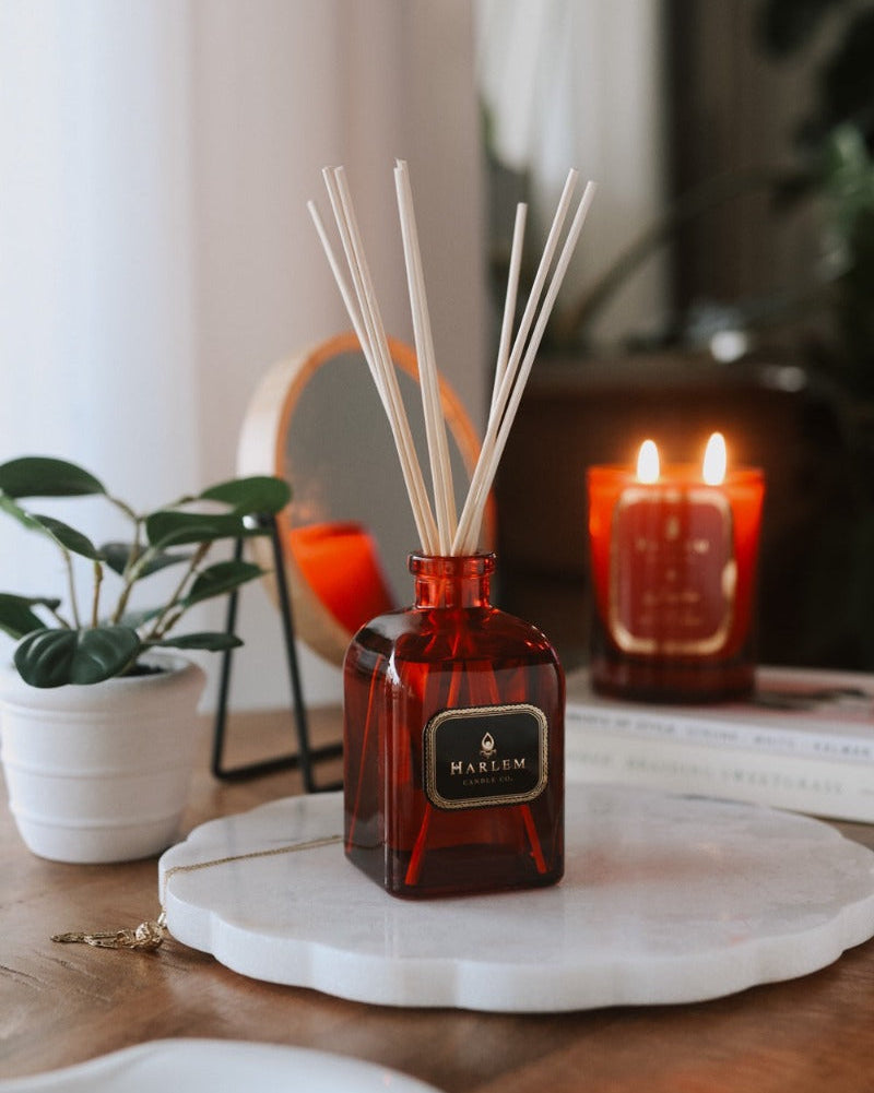 Our 8 fluid oz. Josephine Reed Diffuser with reeds, in a red glass vessel sitting on a wooden table, next to a plant with the Josephine candle in the background.