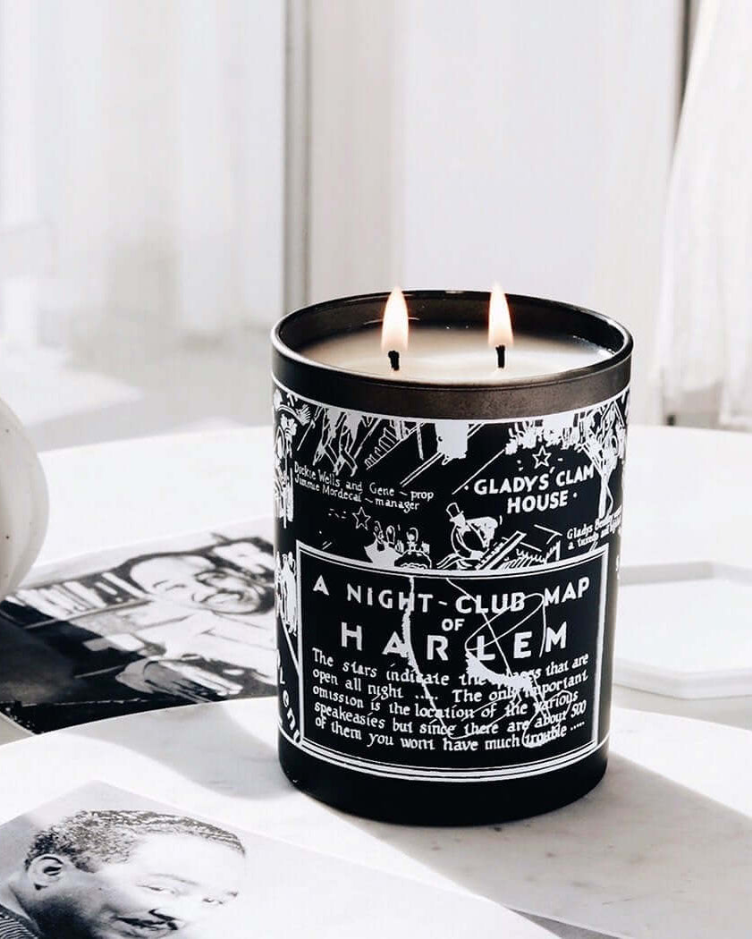 Black and White Nightclub Map of Harlem Langston Candle with 2 wicks. in a lifestyle setting.