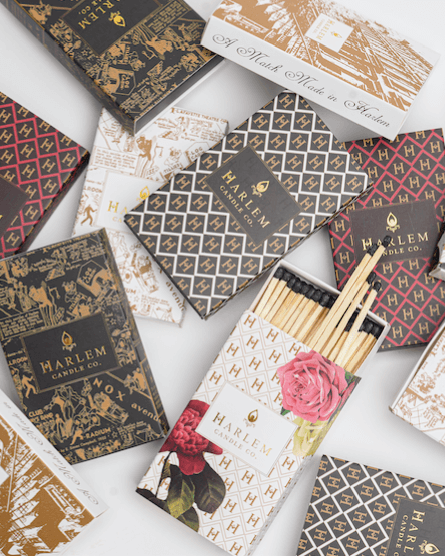 This is another image of a group of the Harlem Candle Co match boxes displayed in a decorative fashion.  